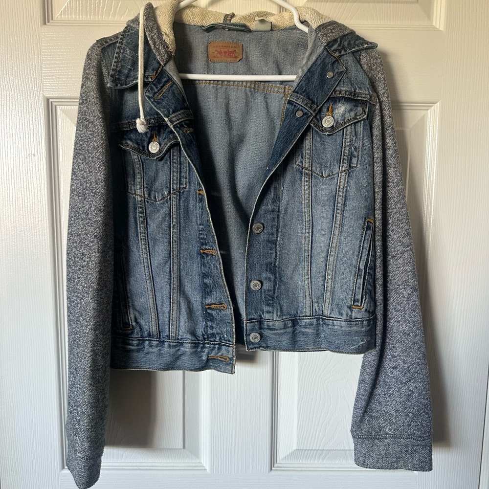 Denim and Gray Hooded Jacket